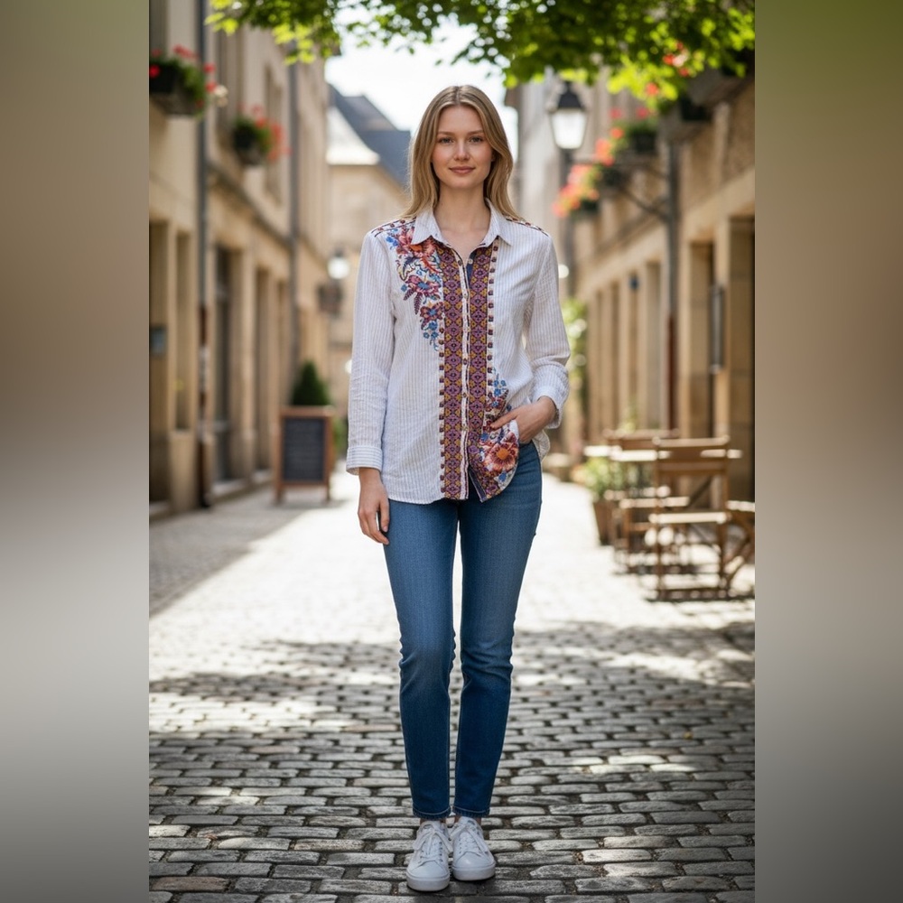JOHNNY WAS White Blouse with Multicolor Embroidery, S